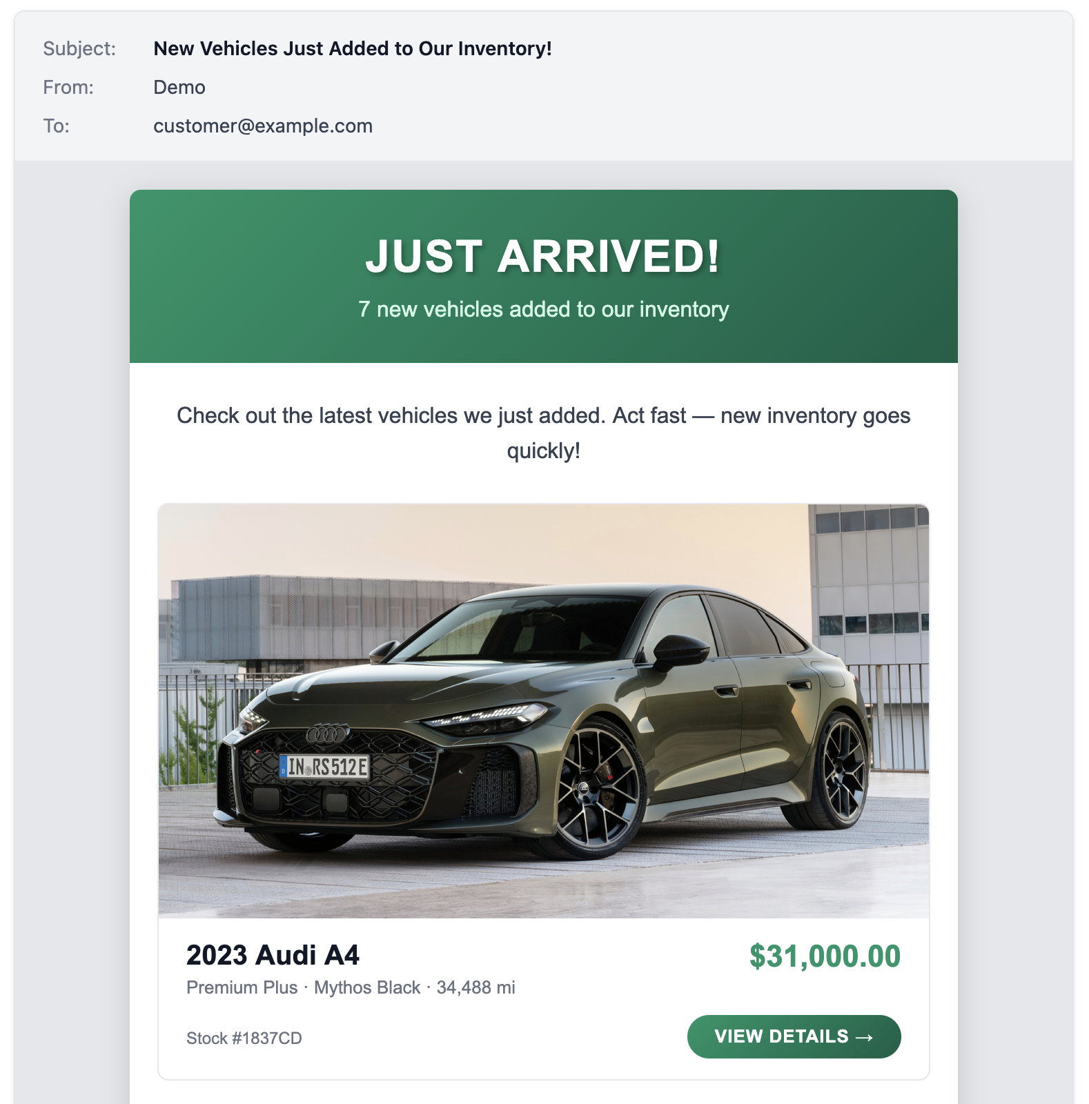 Preview of a Latest Inventory email showing a 2023 Audi A4 with pricing and view details button