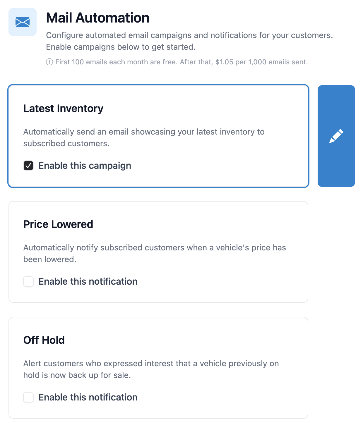 Mail Automation configuration screen with Latest Inventory, Price Lowered, and Off Hold campaigns
