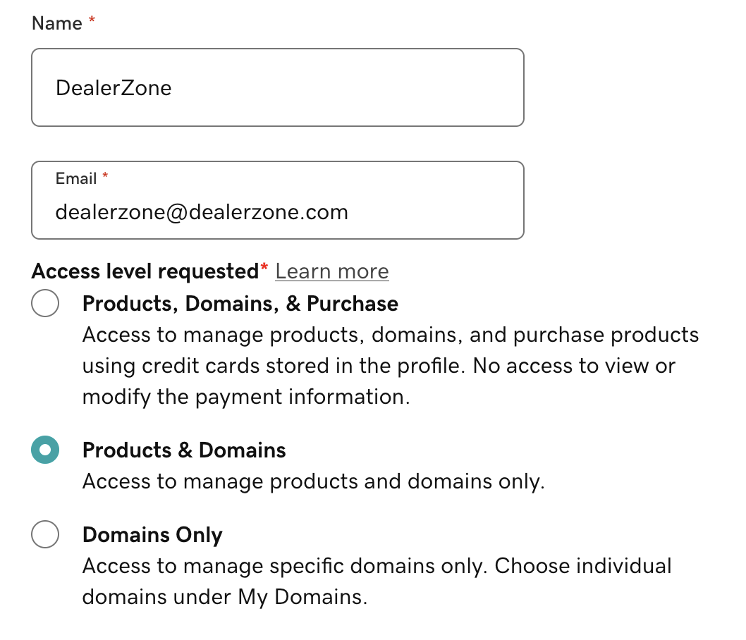 GoDaddy invite form with Name DealerZone, Email dealerzone@dealerzone.com, and Products & Domains selected