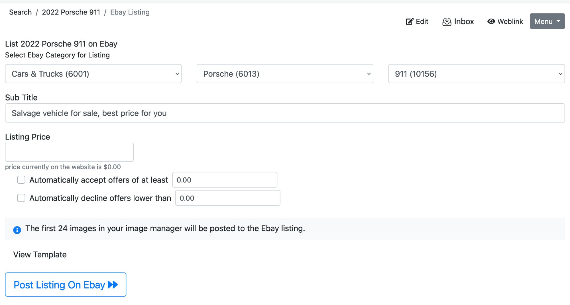 Example posting to eBay